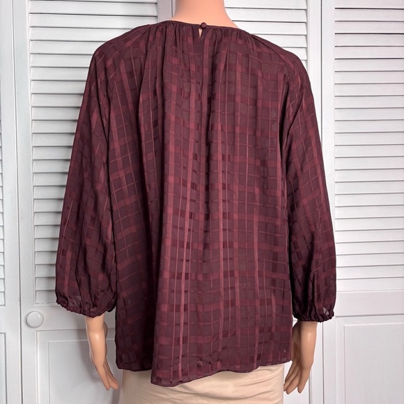 PEARL LELA ROSE Wine Plaid Crepe Full Sleeve Blouse Size XL - Picture 9 of 9